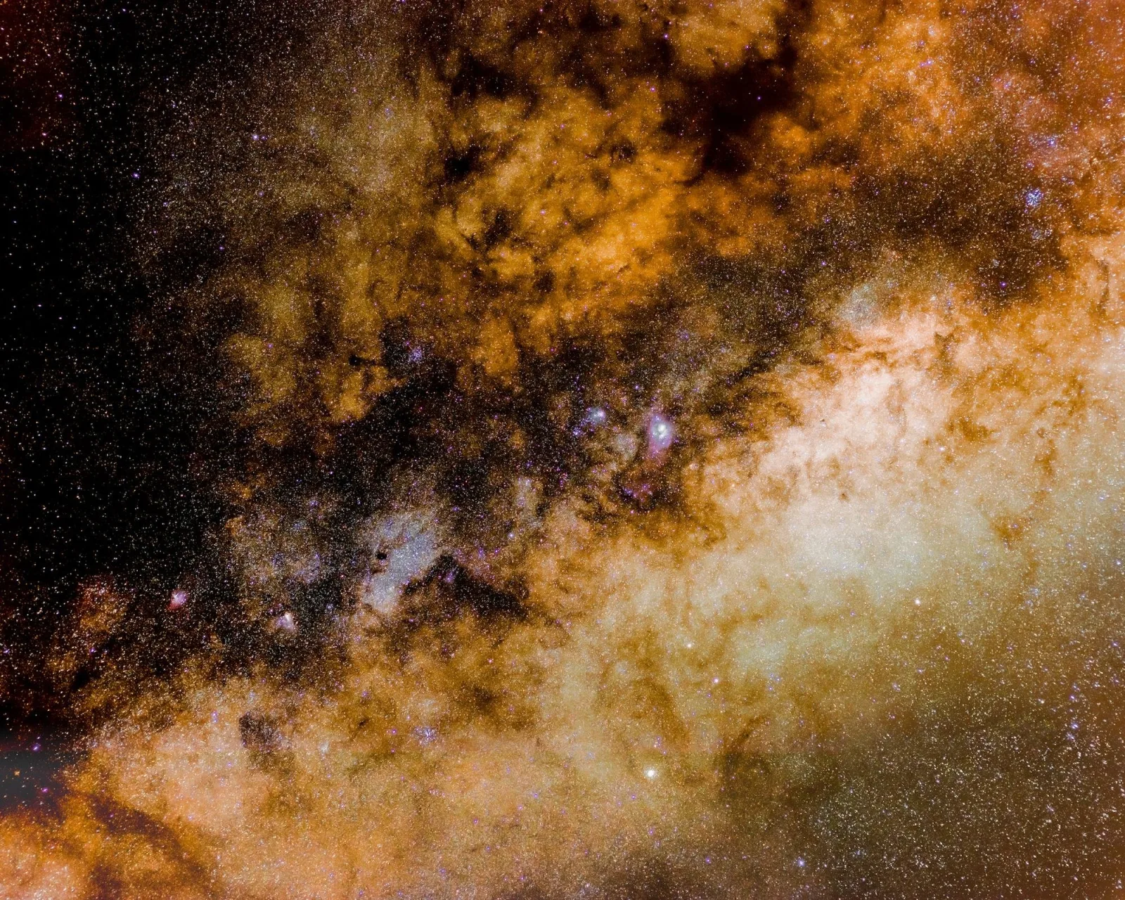 A dense golden star field in the Milky Way, threaded with dark dust lanes