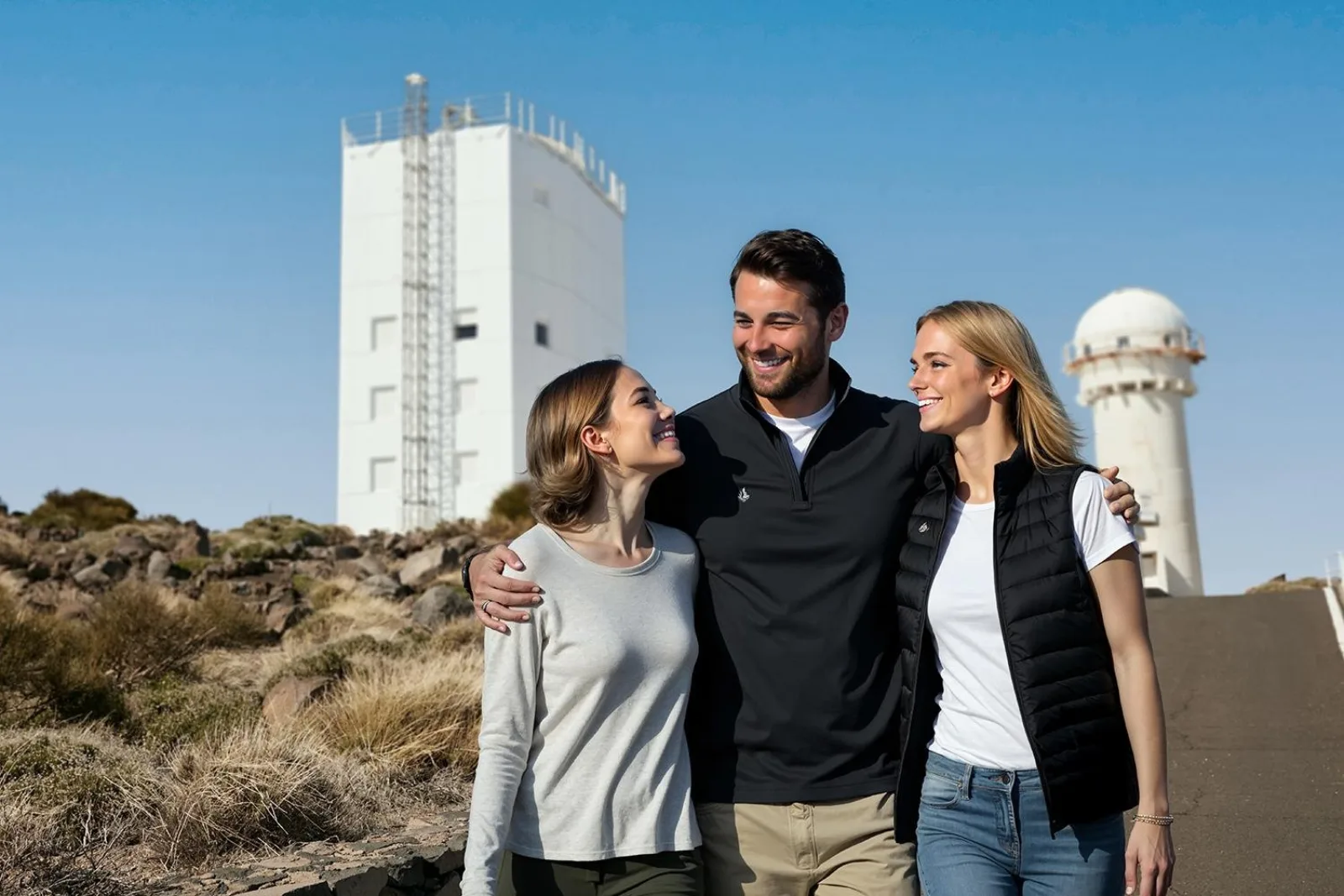 Three visitors in front of the observatory's tower and telescope dome