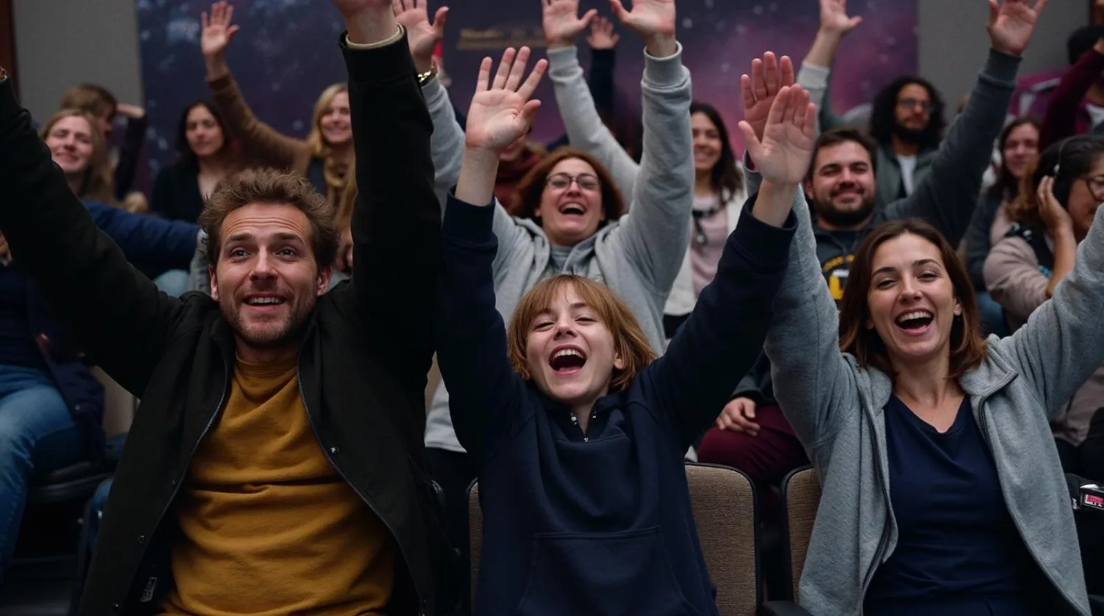 An audience with hands raised during the observatory's astronomy presentation